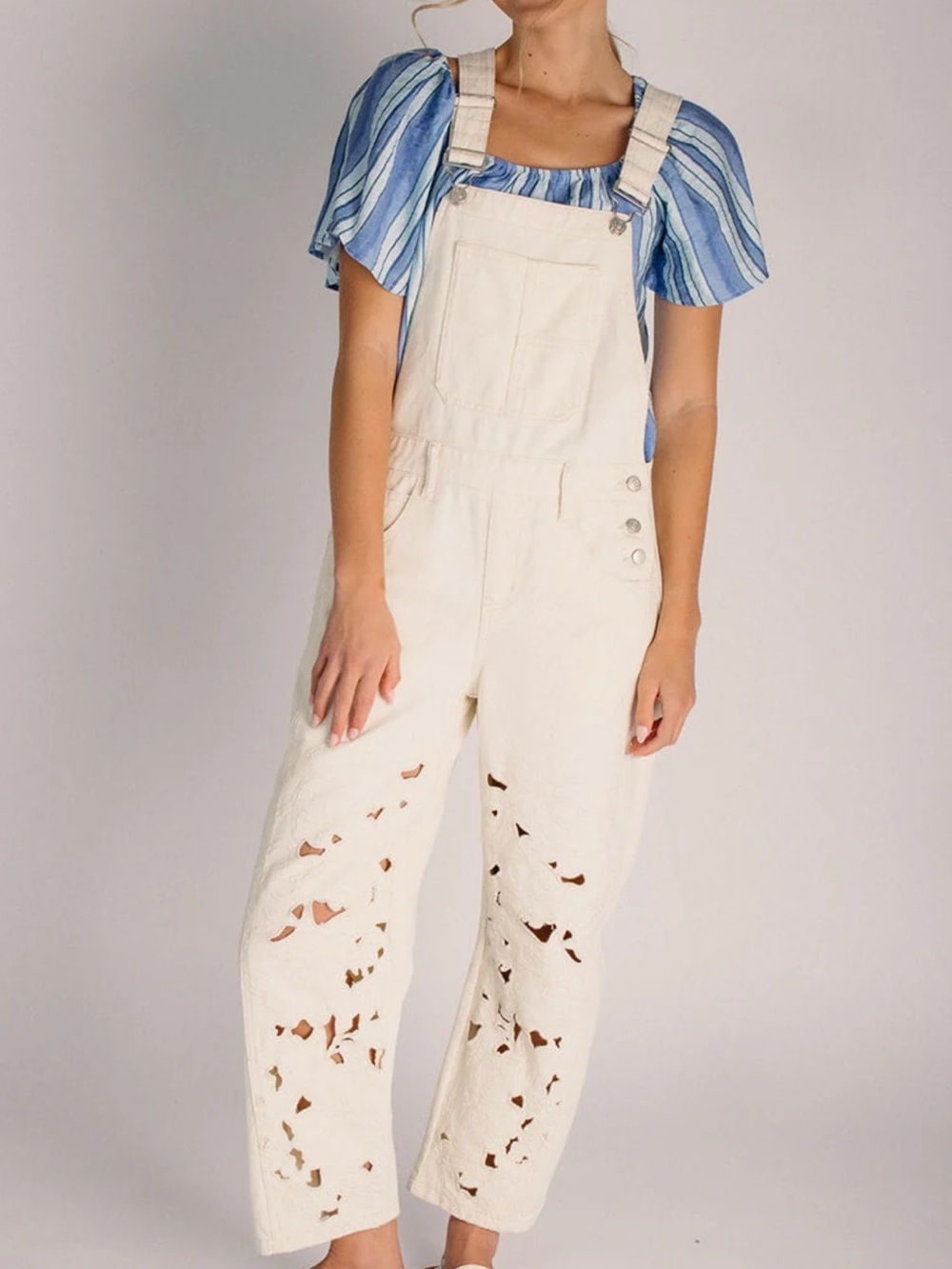 Women's Cream Cutout Denim Overalls Adjustable Straps! Adorable Boutique NWT  L
